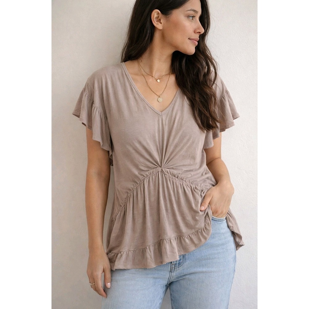 Originality XL Taupe Ruched Ruffle Hem Top Boho Flutter Sleeve Stretch Blouse
